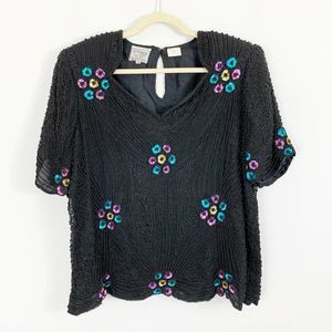 Stenay Plus Size Sequin Beaded Floral Blouse 1x - image 1